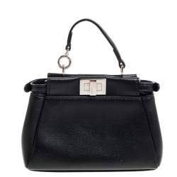مملوكة مسبقًا Fendi Black Floral Embellished Leather Micro Peekaboo Top Handle Bag