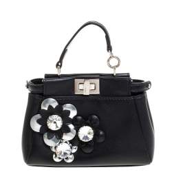 مملوكة مسبقًا Fendi Black Floral Embellished Leather Micro Peekaboo Top Handle Bag