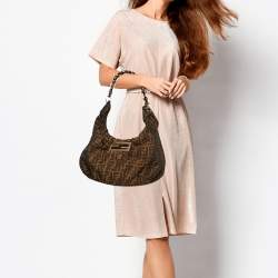 Pre Owned Fendi Tobacco  Zucca Canvas and Patent Leather Mia Hobo