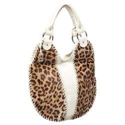 Pre Owned Fendi White/Brown Leopard Print Calfhair and Leather Whipstitch Hobo