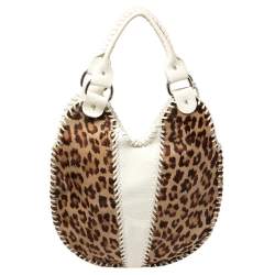 Pre Owned Fendi White/Brown Leopard Print Calfhair and Leather Whipstitch Hobo
