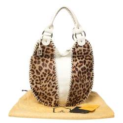 Pre Owned Fendi White/Brown Leopard Print Calfhair and Leather Whipstitch Hobo