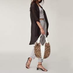 Pre Owned Fendi White/Brown Leopard Print Calfhair and Leather Whipstitch Hobo
