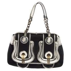 Pre Owned Fendi Black/Silver Canvas and Patent Leather B Shoulder Bag