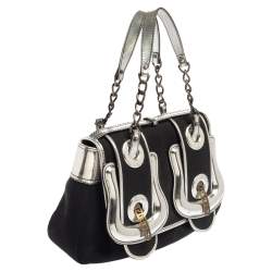 Pre Owned Fendi Black/Silver Canvas and Patent Leather B Shoulder Bag
