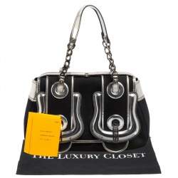Pre Owned Fendi Black/Silver Canvas and Patent Leather B Shoulder Bag