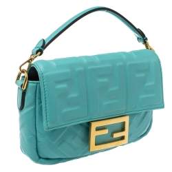 مملوكة مسبقًا Fendi Light Blue FF Logo Embossed Leather Mini Baguette Bag