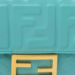 مملوكة مسبقًا Fendi Light Blue FF Logo Embossed Leather Mini Baguette Bag