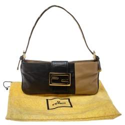 Pre Owned Fendi Black/Beige Leather FF Flap Baguette Bag