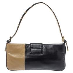 Pre Owned Fendi Black/Beige Leather FF Flap Baguette Bag