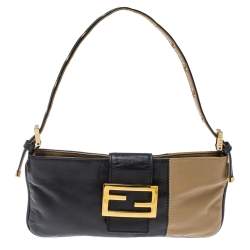 Pre Owned Fendi Black/Beige Leather FF Flap Baguette Bag