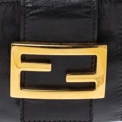 Pre Owned Fendi Black/Beige Leather FF Flap Baguette Bag