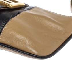 Pre Owned Fendi Black/Beige Leather FF Flap Baguette Bag