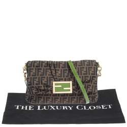 Pre Owned Fendi Tobacco/Green  Zucca Canvas And Patent Leather Mia Flap Shoulder Bag