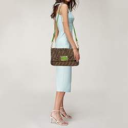 Pre Owned Fendi Tobacco/Green  Zucca Canvas And Patent Leather Mia Flap Shoulder Bag