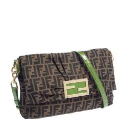 Pre Owned Fendi Tobacco/Green  Zucca Canvas And Patent Leather Mia Flap Shoulder Bag