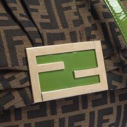 Pre Owned Fendi Tobacco/Green  Zucca Canvas And Patent Leather Mia Flap Shoulder Bag