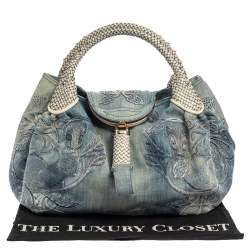 Pre Owned Fendi Light Blue Denim Embroidered Squirrel Spy Bag