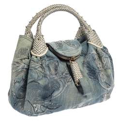 Pre Owned Fendi Light Blue Denim Embroidered Squirrel Spy Bag