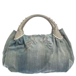 Pre Owned Fendi Light Blue Denim Embroidered Squirrel Spy Bag