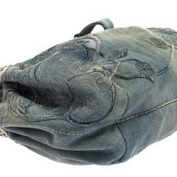 Pre Owned Fendi Light Blue Denim Embroidered Squirrel Spy Bag
