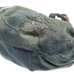 Pre Owned Fendi Light Blue Denim Embroidered Squirrel Spy Bag