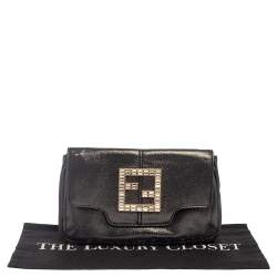 Pre Owned Fendi Grey Shimmer Leather Crystal Embellished Logo Flap Clutch