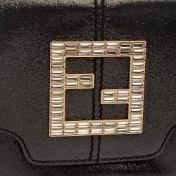 Pre Owned Fendi Grey Shimmer Leather Crystal Embellished Logo Flap Clutch