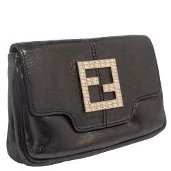 Pre Owned Fendi Grey Shimmer Leather Crystal Embellished Logo Flap Clutch