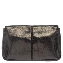 Pre Owned Fendi Grey Shimmer Leather Crystal Embellished Logo Flap Clutch