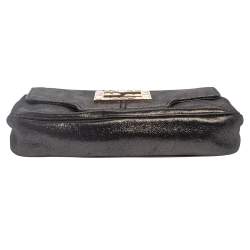 Pre Owned Fendi Grey Shimmer Leather Crystal Embellished Logo Flap Clutch