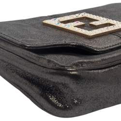 Pre Owned Fendi Grey Shimmer Leather Crystal Embellished Logo Flap Clutch