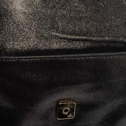 Pre Owned Fendi Grey Shimmer Leather Crystal Embellished Logo Flap Clutch