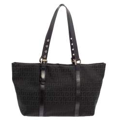 Pre Owned Fendi Black Zucchino Canvas and Leather Superstar Shopper Tote