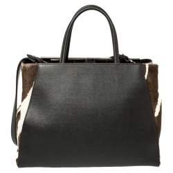 Pre Owned Fendi Dark Brown/White Leather and Calf Hair Medium 2jours Tote