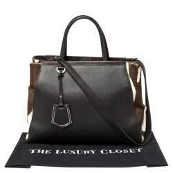 Pre Owned Fendi Dark Brown/White Leather and Calf Hair Medium 2jours Tote