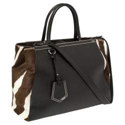 Pre Owned Fendi Dark Brown/White Leather and Calf Hair Medium 2jours Tote