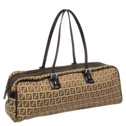 Pre Owned Fendi Brown/Beige Zucchino Canvas and Leather East West Satchel