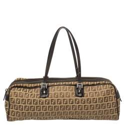 Pre Owned Fendi Brown/Beige Zucchino Canvas and Leather East West Satchel