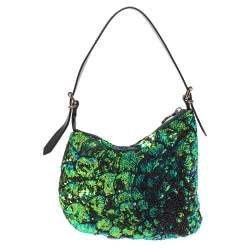 Pre Owned Fendi Green/Black Sequins and Leather Small Oyster Hobo