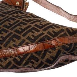 Pre Owned Fendi Tobacco Zucca Canvas and Croc Leather Chef Hobo