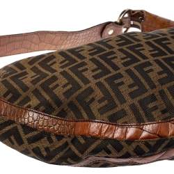 Pre Owned Fendi Tobacco Zucca Canvas and Croc Leather Chef Hobo