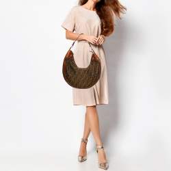 Pre Owned Fendi Tobacco Zucca Canvas and Croc Leather Chef Hobo