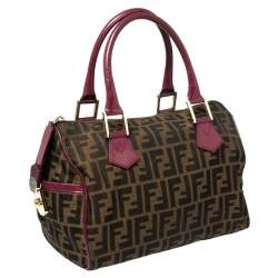 Pre Owned Fendi Tobacco/Purple Zucca Canvas and Leather Medium Chef Boston Bag