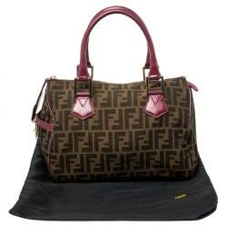 Pre Owned Fendi Tobacco/Purple Zucca Canvas and Leather Medium Chef Boston Bag