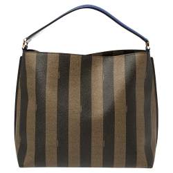 Pre Owned Fendi Tobacco/Black Pequin Stripe Coated Canvas and Leather Hobo Bag