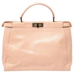 Pre Owned Fendi Pink/White Checkered Leather Large Peekaboo Top Handle Bag