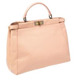 Pre Owned Fendi Pink/White Checkered Leather Large Peekaboo Top Handle Bag