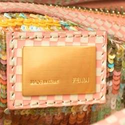 Pre Owned Fendi Pink/White Checkered Leather Large Peekaboo Top Handle Bag