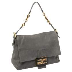 Pre Owned Fendi Metallic Grey Nubuck Mama Forever Shoulder Bag